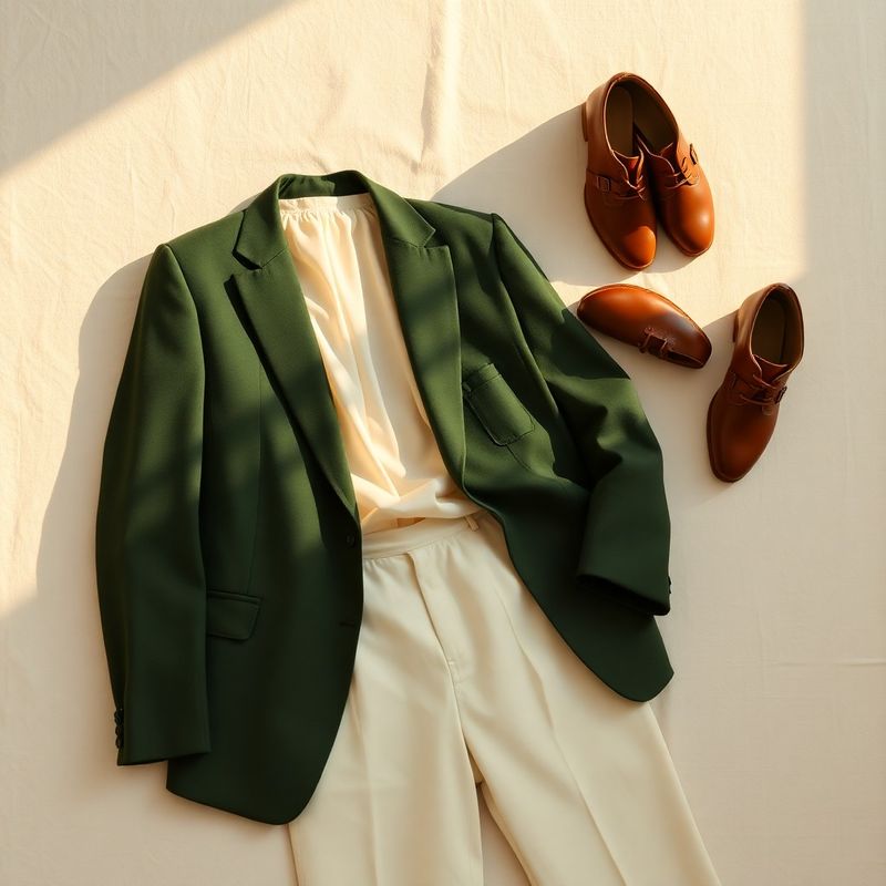 Flat lay editorial cu sacou verde pădure și pantaloni cremă pe in natural