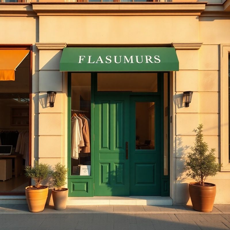Intrarea boutique-ului cu ușă verde pădure și fațadă crem pe un bulevard din Constanța, lumină de după-amiază