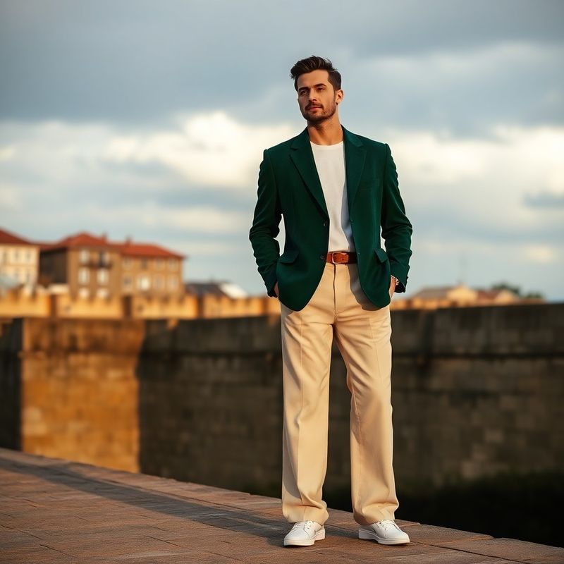 Bărbat în blazer verde pădure și pantaloni largi crem lângă zidul vechiului port din Constanța