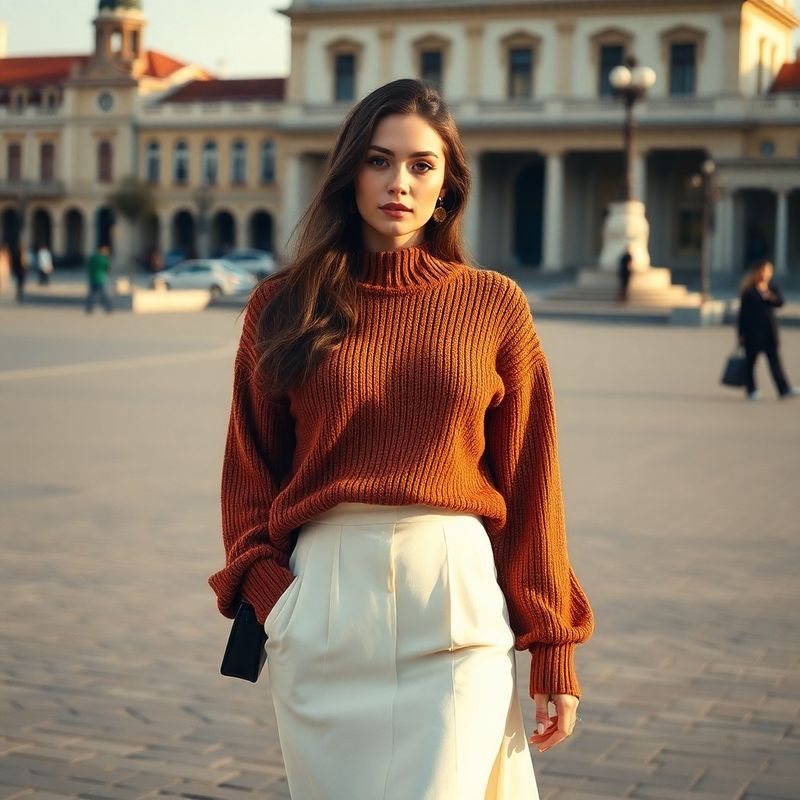 Femeie în fustă midi crem și tricot ocru în Piața Ovidiu, lumină naturală