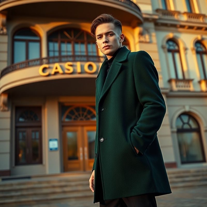Siluetă androgină în pardesiu verde pădure în fața fațadei Art Nouveau a Cazinoului din Constanța