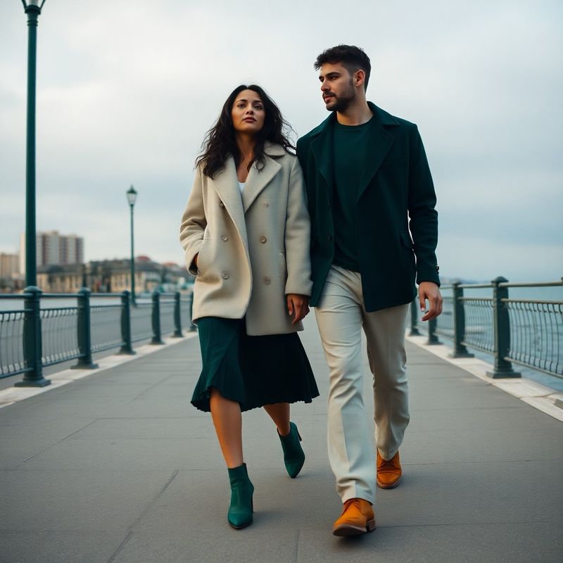Cuplu în ținute coordonate verde și crem mergând pe promenada de pe faleza Constanței