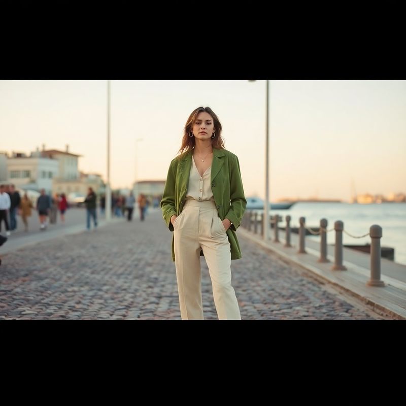 Backstage din portul vechi al Constanței: echipa de producție, fotograf și model în ținute crem și verzi