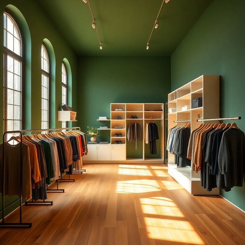 Interior de showroom cu pereți verde pădure și rafturi crem, lumină naturală difuză